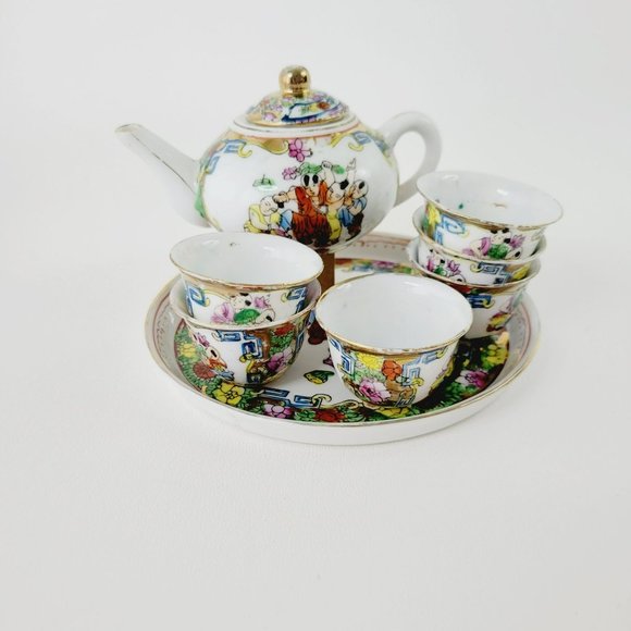 Small Hand Painted Chinese Tea Ceremony Set Gold Trim Male Figures Bright Flower - Picture 11 of 13